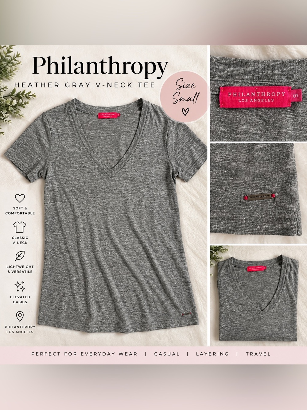 Philanthropy Los Angeles Heather Gray V-Neck Tee Size Small